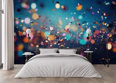 A festive and colorful party with flying neon confetti on a purple, red and blue background Wall mural