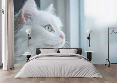 A fluffy white cat looks curiously sideways, enjoying the sunlight streaming through the window in a cozy setting Wall mural