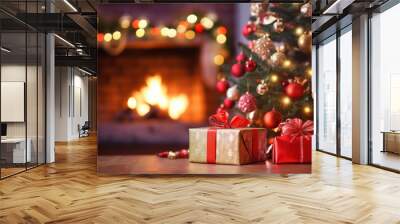 A gift under the Christmas tree in an interior with a fireplace Wall mural