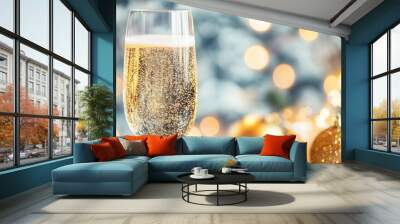 A glass of champagne filled with bubbles stands next to gold ornaments, creating a joyful and festive atmosphere for celebrations Wall mural