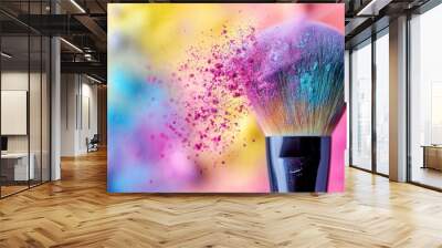 A makeup brush with a dynamic explosion of colorful powder creating a vibrant, artistic cosmetic effect. Wall mural