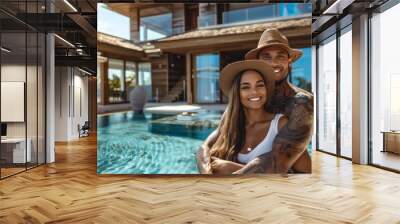 A man and a woman are standing in front of a swimming pool, enjoying the luxury villa surroundings Wall mural