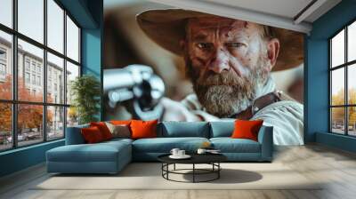 A rugged cowboy with a stern expression holding a revolver, depicting a classic Western scene with intense atmosphere and detailed character. Wall mural