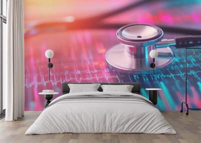 A stethoscope lies on a digital screen showcasing medical statistics and heart rhythms in a contemporary healthcare environment Wall mural