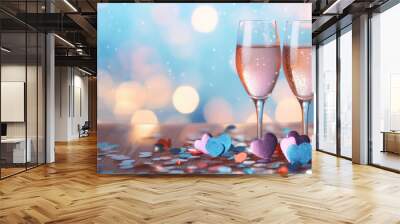 A two glass of sparkling wine on a soft pastel colorful bokeh background Wall mural