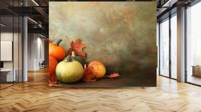 A vibrant arrangement of pumpkins and autumn leaves showcases the beauty of the harvest season against a dark backdrop Wall mural