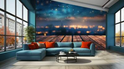 A wooden deck with a stunning view of a starry night sky and city lights, creating a serene and magical atmosphere. Wall mural