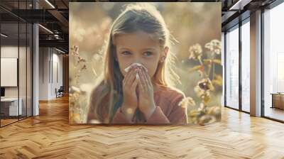 A young girl standing amidst a field of flowers, blowing her nose Wall mural