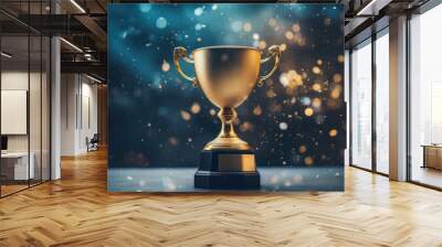 Achievement success in education awards concept. Golden trophy cup winner on bokeh background. Congratulation in university Wall mural