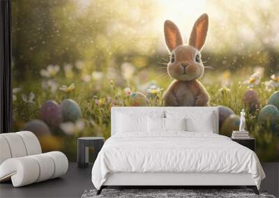 An adorable Easter Bunny stands among colorful eggs in a sunny spring meadow dotted with blooming flowers Wall mural