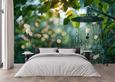 An outdoor shower head releasing water droplets, set against a backdrop of lush green foliage and bokeh light effects. Wall mural