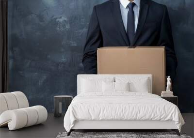 An unrecognizable businessman in a suit holding a plain cardboard box in front of a dark background. Wall mural