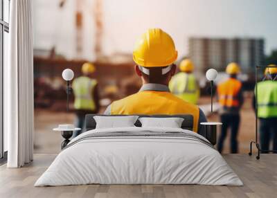 Back view of construction workers in safety vests and hard hats overseeing a building site. Wall mural