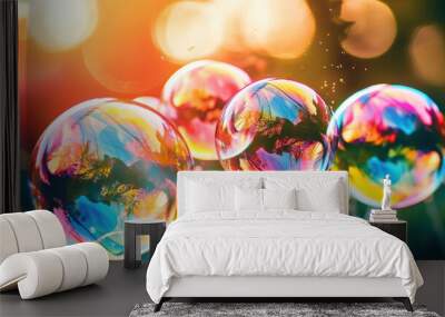 Big soap colorful bubbles, blur summer background. Wall mural