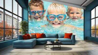 Children swim and laugh together in a pool, creating joyful memories as they enjoy a sunny day of family fun and play Wall mural