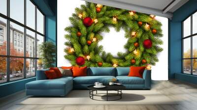 Christmas greeting card and background. Christmas wreath with bulbs and red, orange balls. Vector Vector illustration. Wall mural