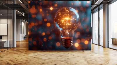 Close-up of a glowing light bulb with a dynamic orange and blue bokeh background, symbolizing creativity and innovation. Wall mural