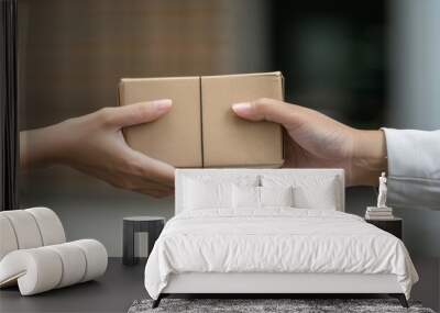 Close-up of two hands exchanging a plain cardboard box on a blurred background. Wall mural