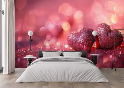 Close-up of two sparkling pink heart decorations against a pink bokeh background, perfect for romantic and festive occasions. Wall mural