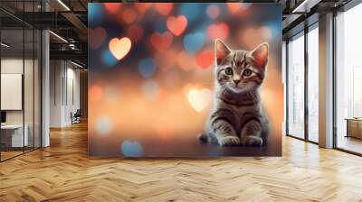 Cute cat on heart shape bokeh background Wall mural