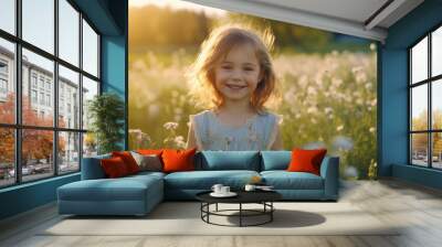 Cute happy little girl of 4 years. Wildflowers in sunset light. Wall mural