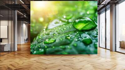 detailed view of water droplets resting on a vibrant green leaf with sunlight creating a soft blur e Wall mural