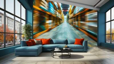 Dynamic motion blur of a fast-moving warehouse aisle, highlighting the speed and efficiency of modern logistics. Wall mural