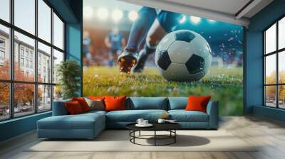 Dynamic shot of a soccer player about to kick the ball on a well-lit stadium field during a match. Wall mural