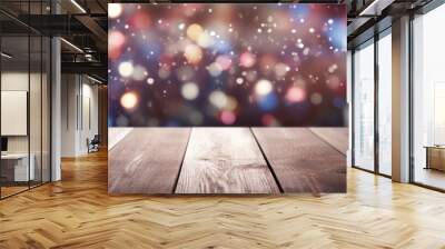 Empty wood table, sparkles and bokeh in pastel and silver colors. Wall mural