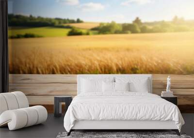 Empty wooden table top with blur background of farm Wall mural