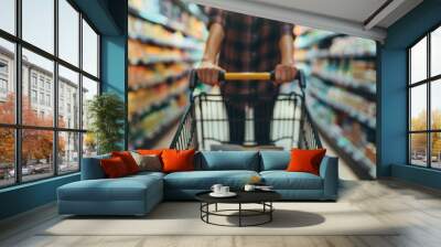 First-person perspective of a shopping cart being pushed through a grocery store aisle. Wall mural