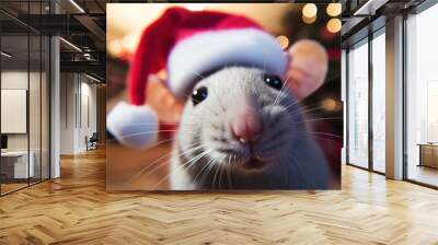 Fisheye Lens. Selfie of a mouse on santa hat on blur bokeh background Wall mural