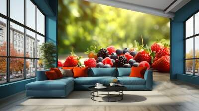 Fresh berries on wooden table with blurred background in garden. Wall mural