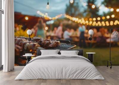 Friends gather for a cozy backyard barbecue party under string lights at dusk. Wall mural