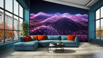 Futuristic big data visualization wave connecting neural network and moving on earth. Pink, purple colors. Wall mural