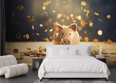 Gold coins fall on a pink piggy bank in the shape of a piglet Wall mural