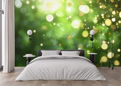 Golden and green confetti bokeh sparkles brightly in sunlight, creating a vibrant atmosphere in a verdant garden Wall mural