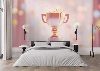 Golden trophy cup with pastel pink confetti falling on table Wall mural