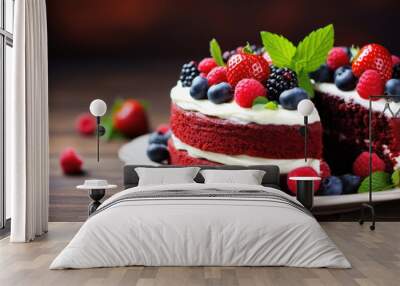 Heart shape cake with berries Wall mural