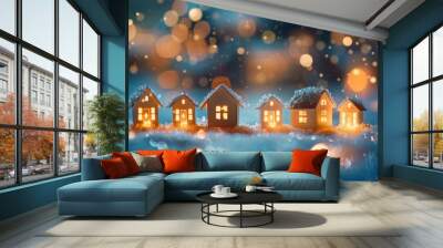 Miniature snowy houses with glowing windows set against a backdrop of festive bokeh lights, creating a cozy winter scene. Wall mural