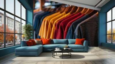 Multiple shirts in various colors and styles are neatly lined up and hanging on a clothing rack Wall mural