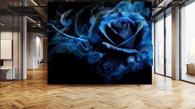 Neon blue rose wrapped in blue smoke swirl on dark background Wall mural