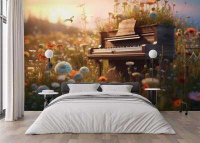 Old piano in flowers and set in a grassy field Wall mural