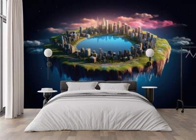 Outer space view and a flat earth planet with big city.  Post apocalypse.  Wall mural