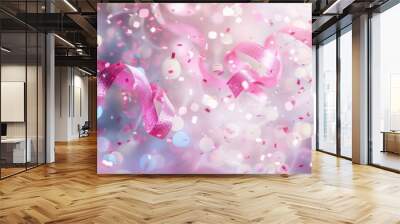 Pink confetti and ribbons floating in the air, creating a festive and joyful celebration atmosphere with sparkling bokeh lights. Wall mural