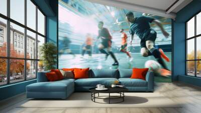 Players in motion during an indoor soccer match, capturing the intensity and dynamic energy of the game. Wall mural