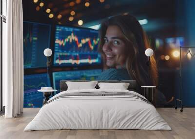 Portrait of a young woman in a stock exchange with digital financial charts. Wall mural