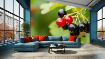 Red and black currants hang from leafy branches, flourishing in a sunny garden, showcasing their bright colors and luscious texture Wall mural