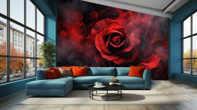 Red rose wrapped in smoke swirl on black background  Wall mural