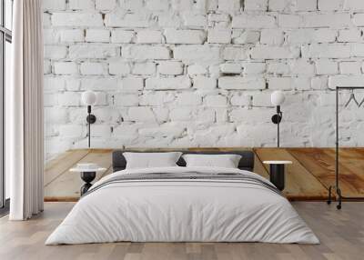 Rustic wooden table in front of a white brick wall, creating a simple yet charming backdrop for various uses. Wall mural